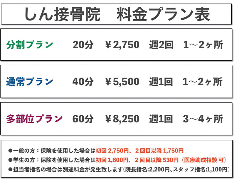 しん接骨院　料金プラン表